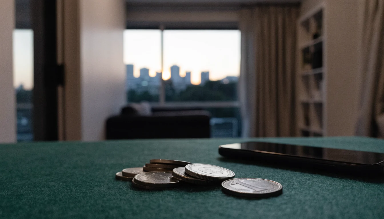 One-dollar Australian coin on felt beside a smartphone, evening apartment interior