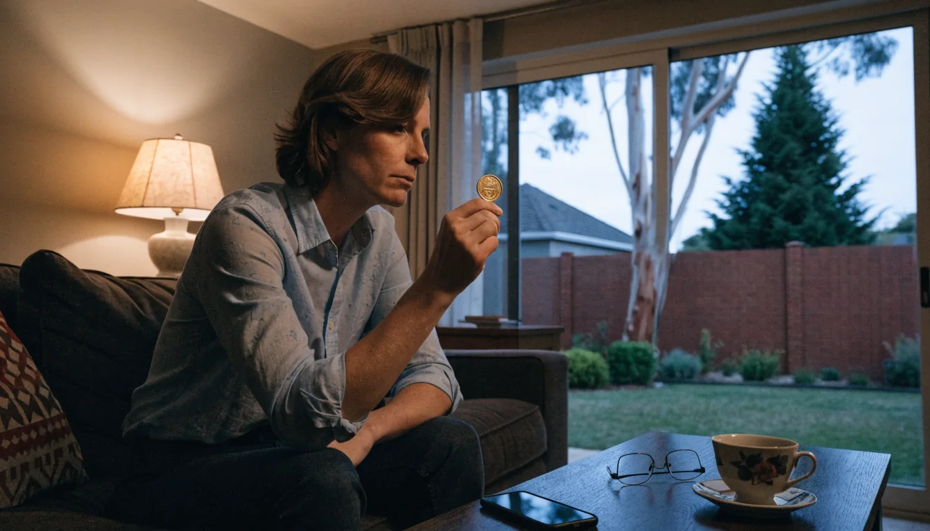 Australian person examining a one-dollar coin at home on a sofa.