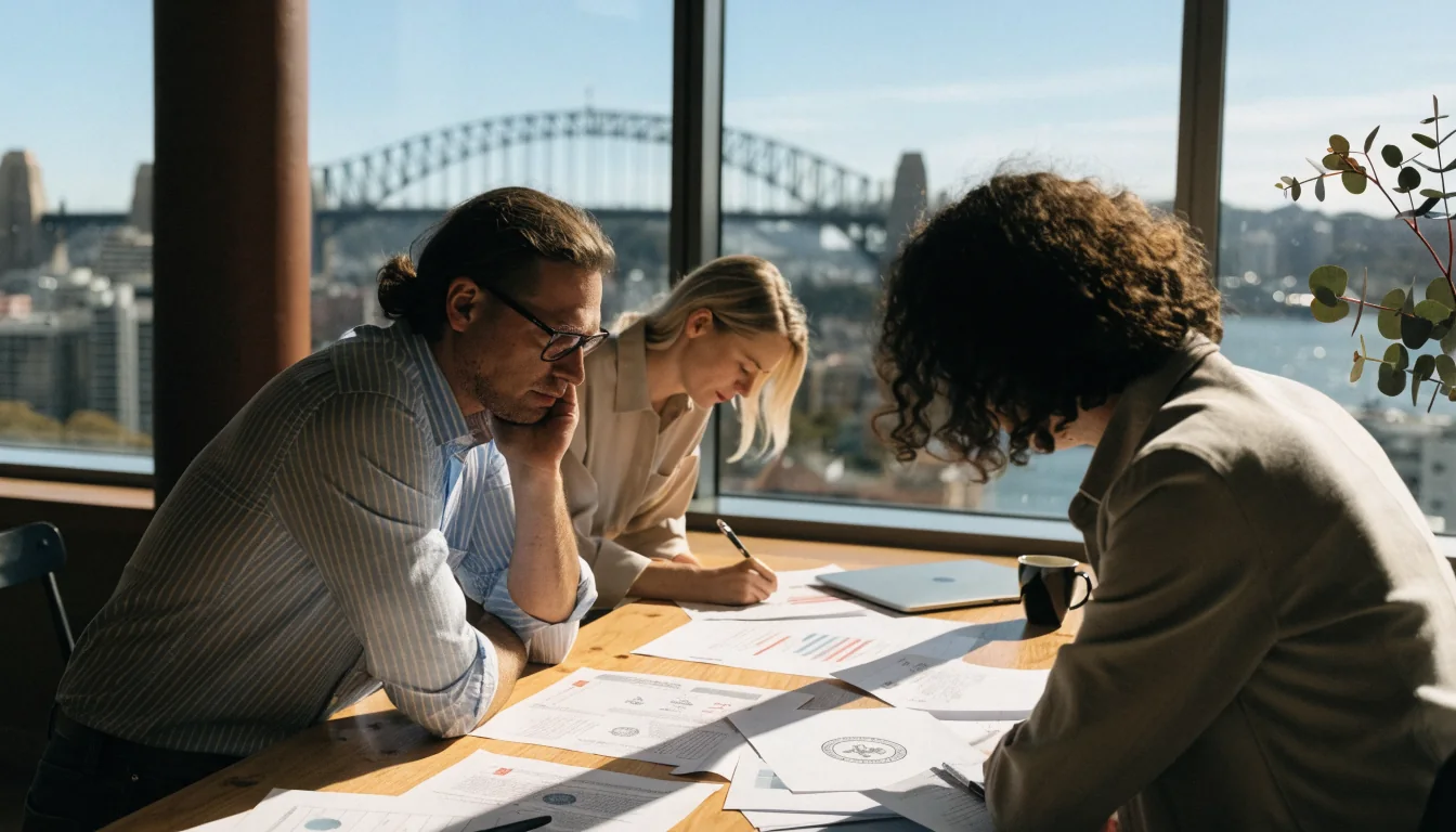 Editorial team reviewing regulatory documents in a sunlit Sydney office with harbour view