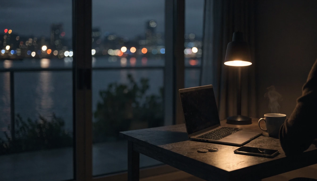Dim apartment overlooking Australian harbor at night with laptop and crypto coins on table