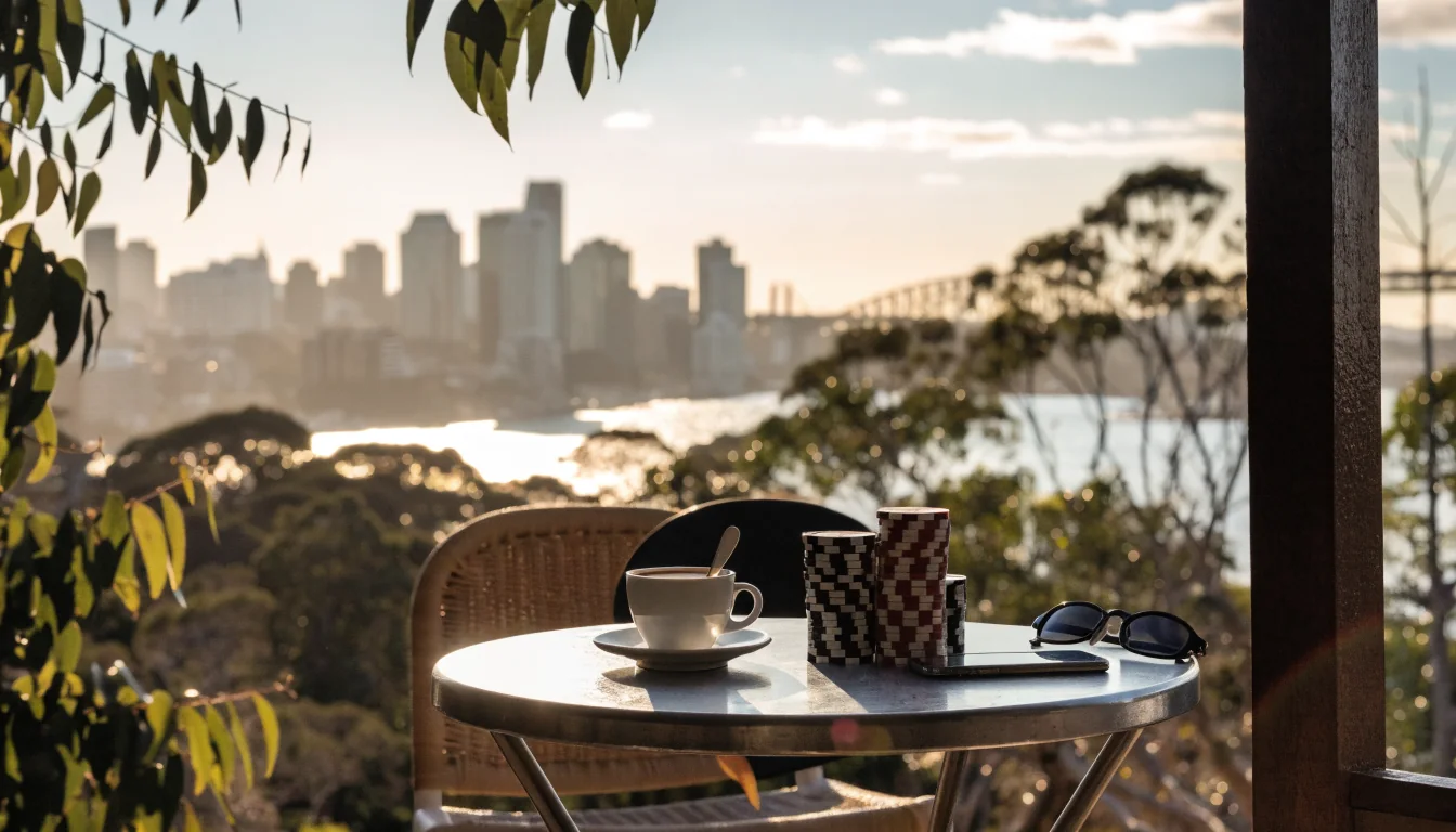 Casino chips and a face-down phone on a Sydney terrace at sunset
