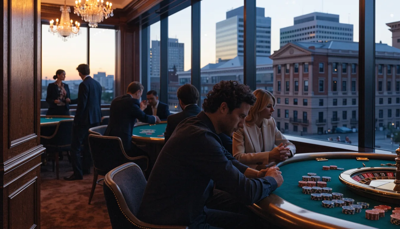 Elegant Adelaide casino interior with roulette table, chips, and warm chandelier lighting.