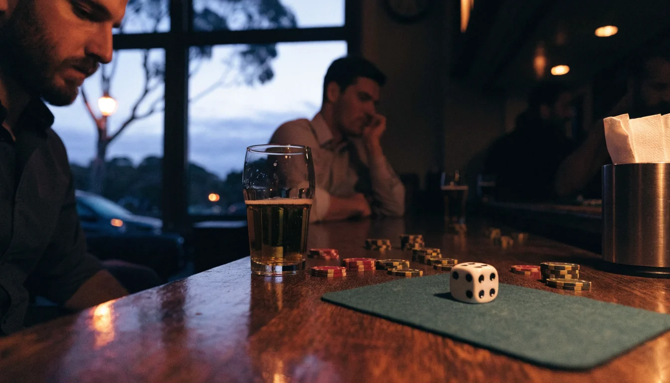 Australian pub bar counter with casino chips and dice at dusk