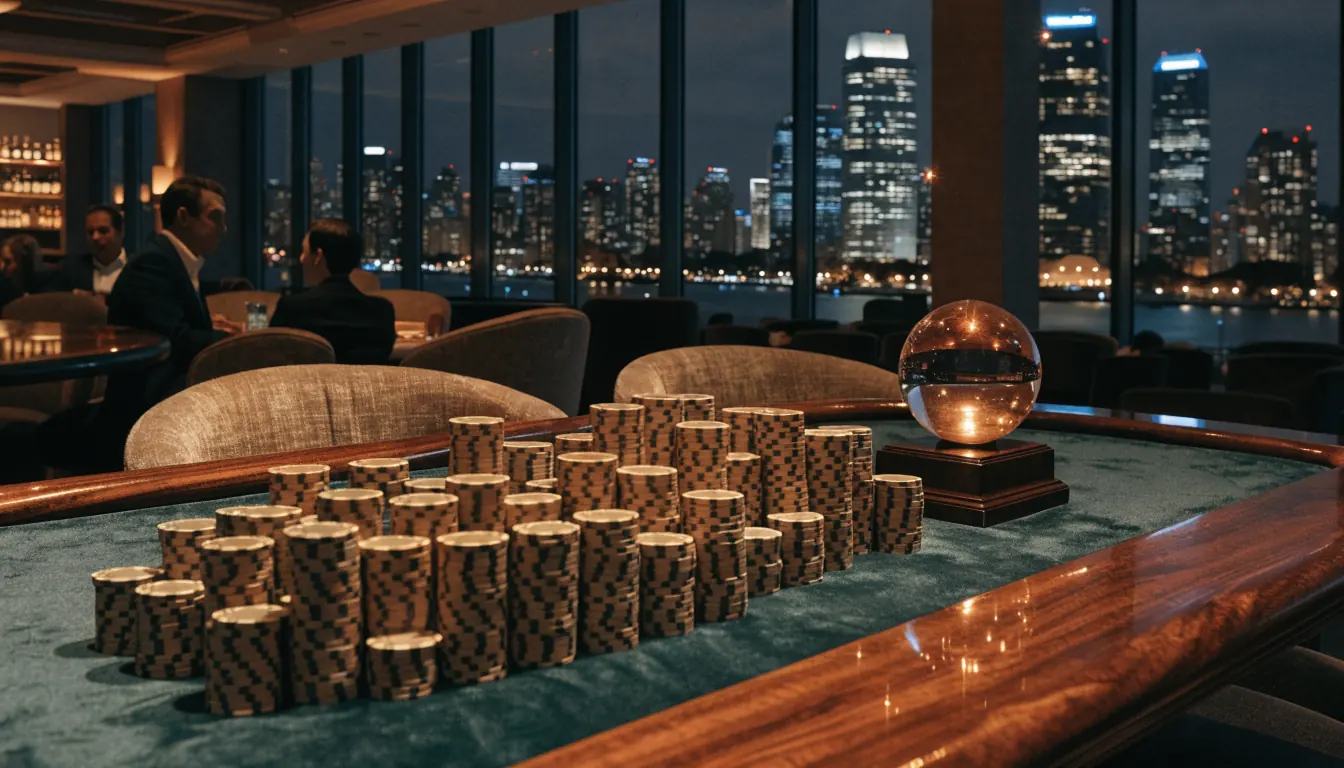 Australian casino lounge with gold chip stacks and glowing jackpot trophy overlooking the Sydney skyline at night