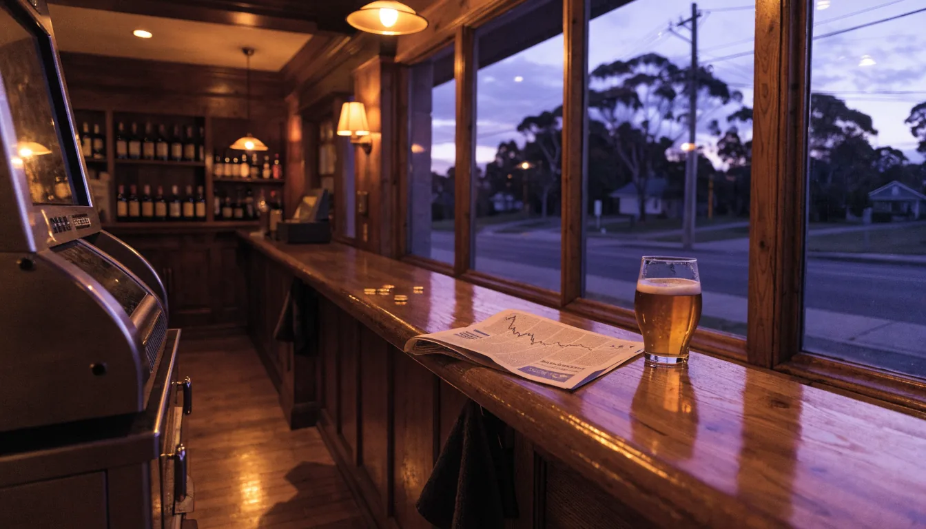 Australian pub interior with a pokies machine screen turned away, beer glass and coins on the bar.