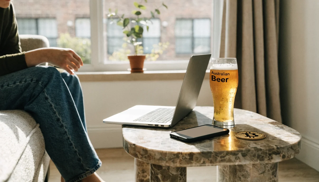 Bitcoin token beside a smartphone and laptop in a sunlit Australian living room.