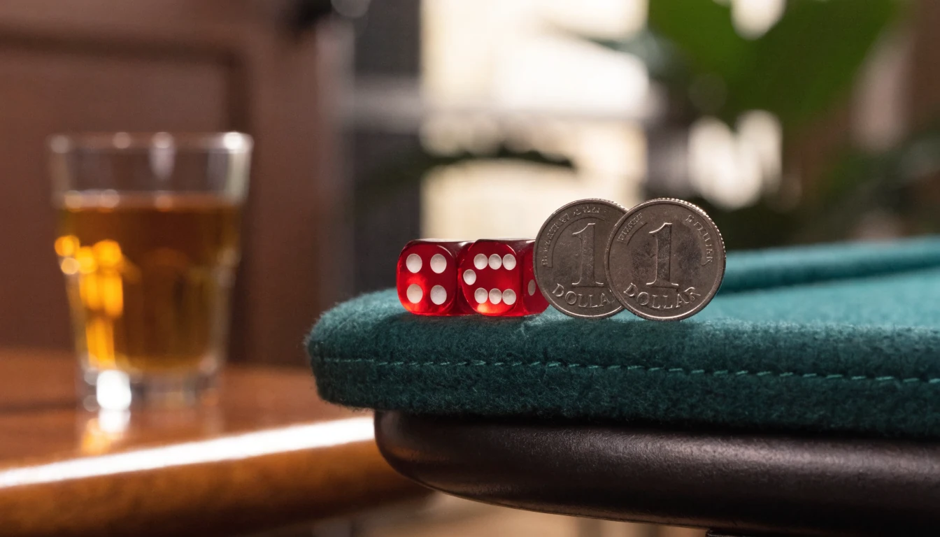 Red dice on green felt with Australian coins and a drink.