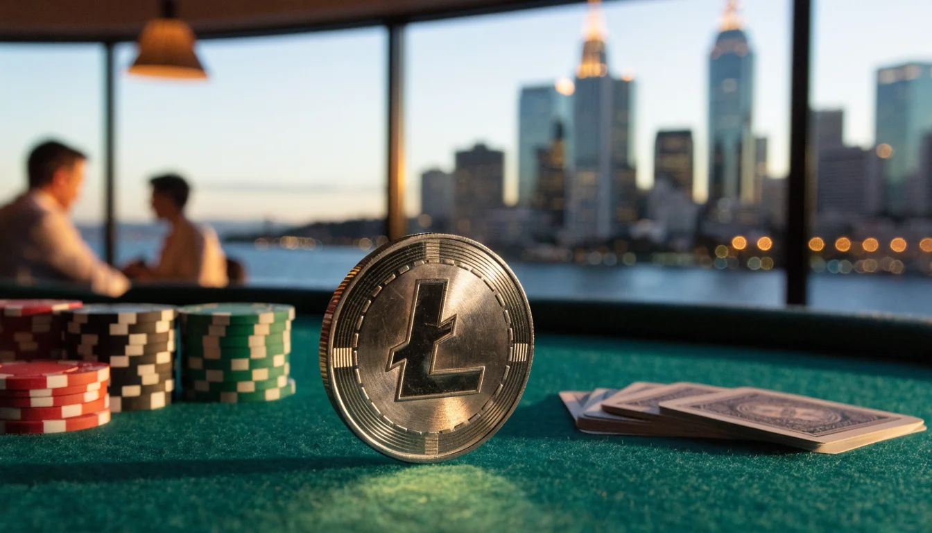 Litecoin coin on casino table with Australian city skyline at evening
