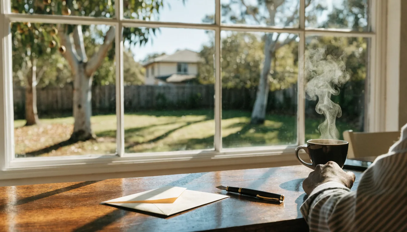 Desk with sealed envelope, fountain pen, coffee, and smartphone, window view of Australian eucalyptus garden.