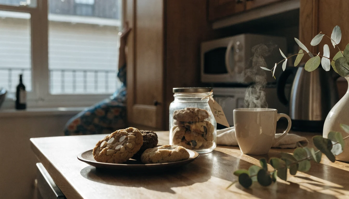 Freshly baked cookies on a wooden plate beside a glass jar and steaming coffee mug in a sunlit Australian kitchen.