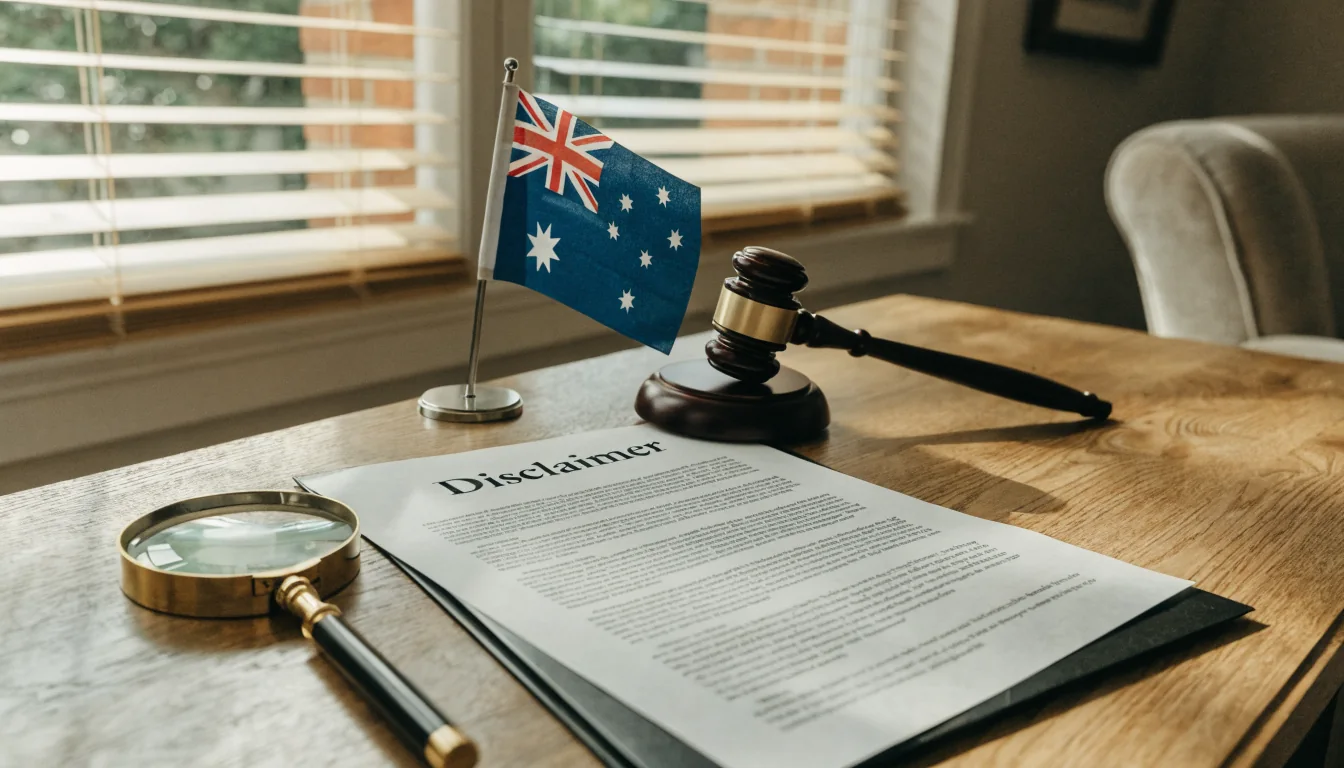 Legal disclaimer document on a desk with a magnifying glass, gavel, and Australian flag.