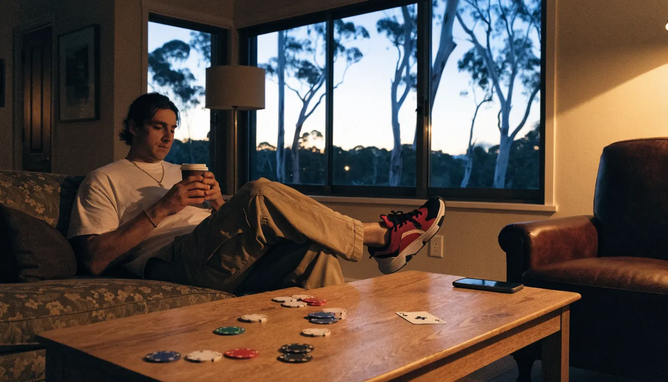 Australian lounge room with poker chips, card, and smartphone on coffee table.