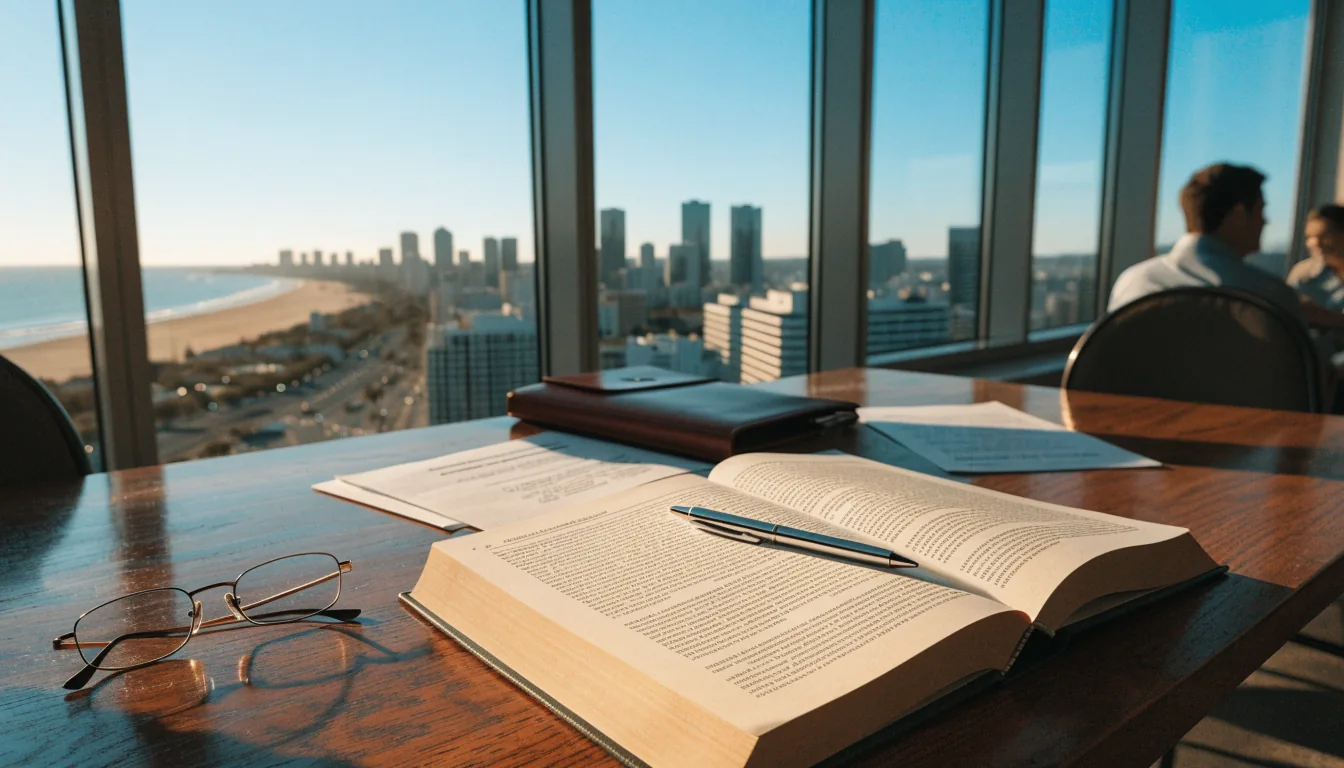 Legal book and documents on a desk with an Australian city skyline visible through a window.
