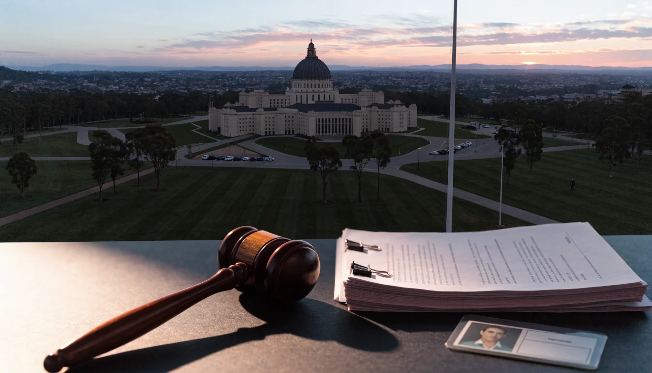 Canberra Parliament House aerial view with a gavel and legal documents