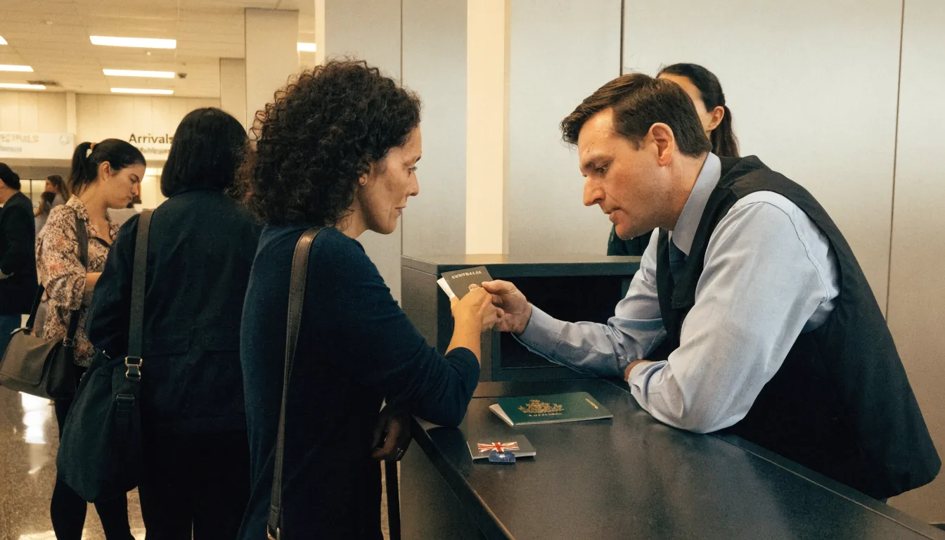 Immigration counter with a foreign passport being checked in Melbourne airport