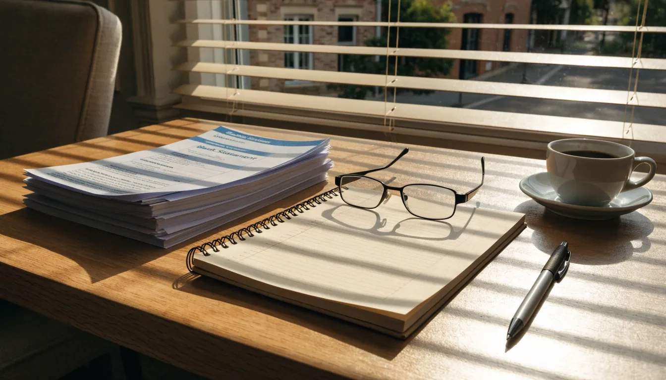 Home office desk with printed statements and a handwritten budget notebook