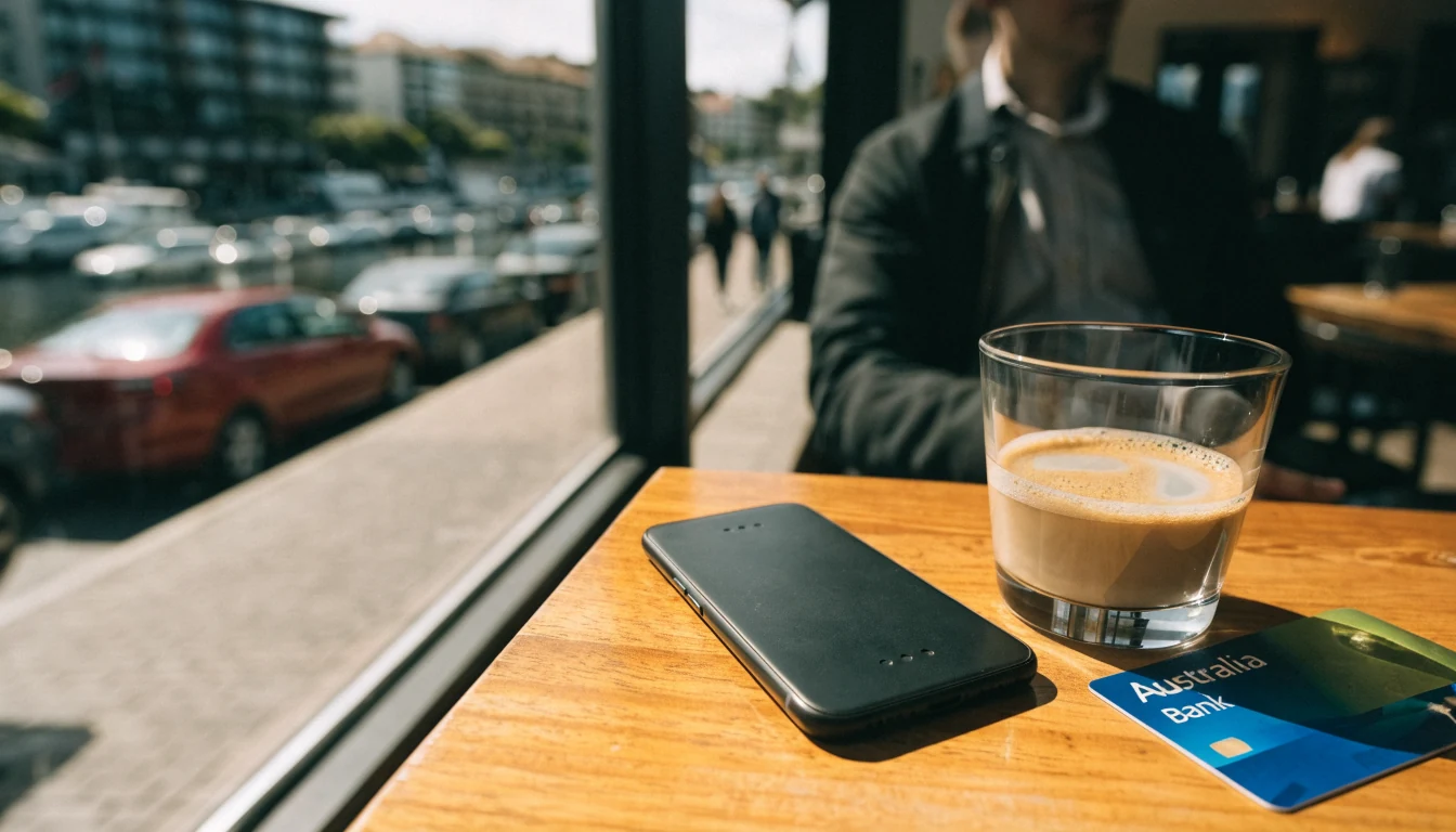 Smartphone on a cafe table in Australia near a bank card