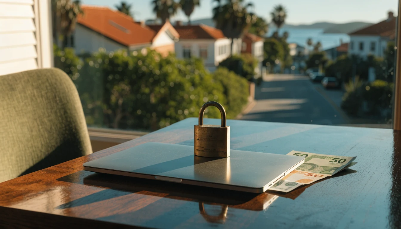 Closed laptop, brass padlock and Australian banknotes on a wooden desk with coastal Australian view