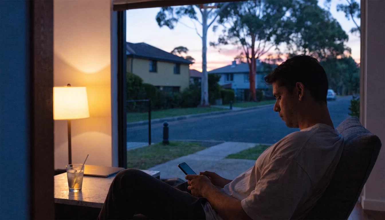 Australian man relaxing at home using a smartphone with screen turned away