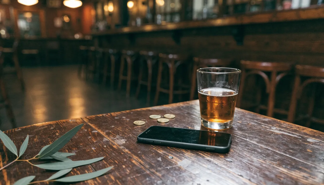 Android smartphone face-down on a wooden Australian pub table with coins and a beer glass.