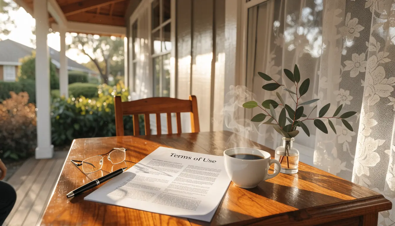 Terms of Use document on a sunlit Australian veranda desk with glasses and coffee
