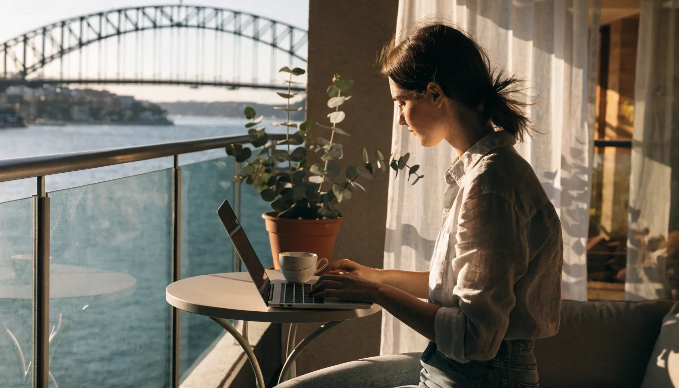 Woman working on a laptop on a Sydney balcony with harbour view